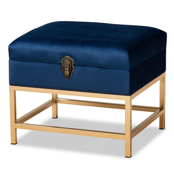 Baxton Studio Aliana Glam and Luxe Navy Blue Velvet Fabric and Gold Finished Metal Small Storage Ottoman 182-11565-Zoro - main